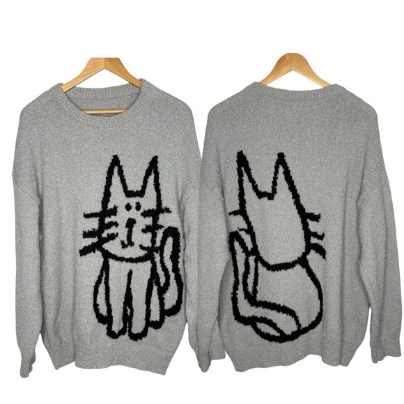 Sweaters - Cat Hand Drawn Graphic Sweater Pullover TikTok Oversized Comfy Women Size Large